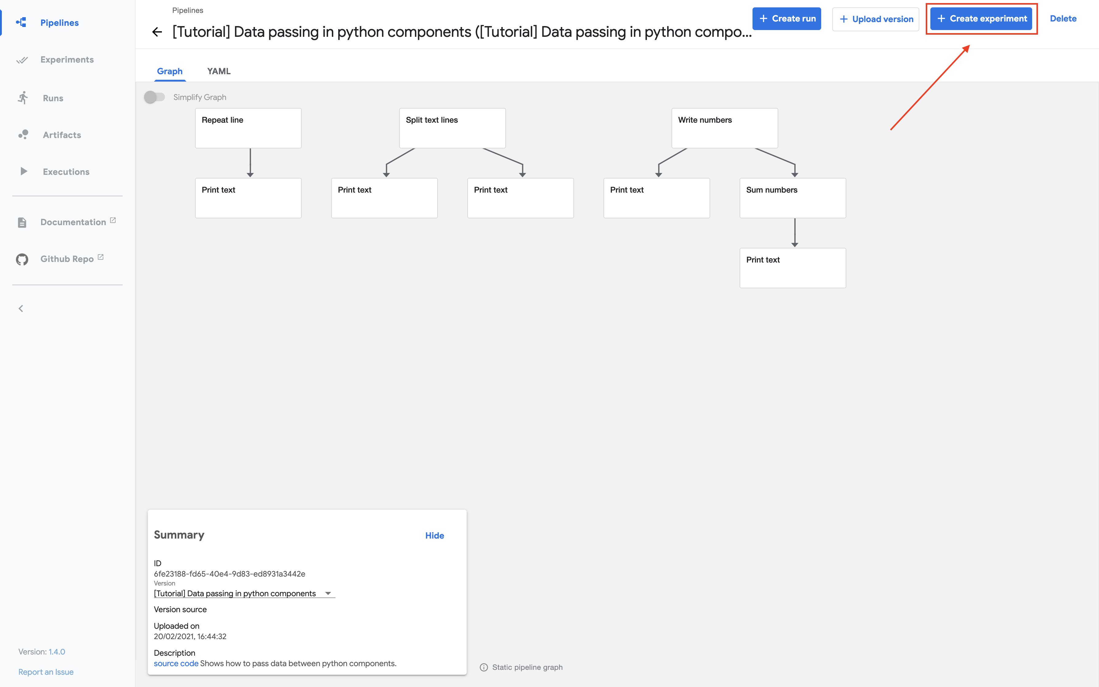 Creating an experiment on the pipelines UI